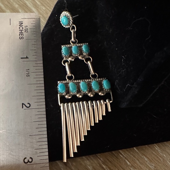 Vintage  Zuni Turquoise  Dangle Boho Earrings Silver-signed - Picture 4 of 4